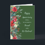 Winter Friend och Hennes Make-årsdag Kort<br><div class="desc">Lycklig bröllop-årskort för vän och hennes make med vinterblommor med rustiska vattenfärger i mörk grönt,  och hjärtlig vers.</div>