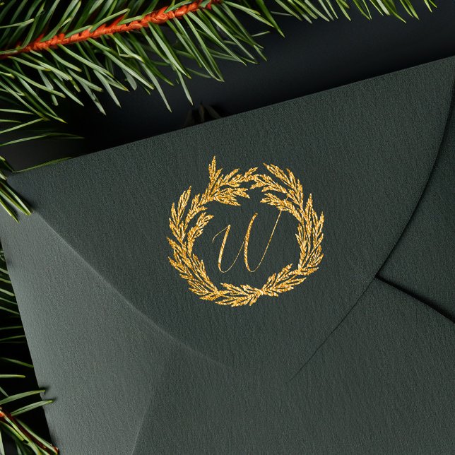 Winter Garland Wandeand Calligraphy Monogram Vapen Stämpel (Winter Garland Wreath Calligraphy Monogram Crest Rubber Stamp with (Golden Glitz Ink))