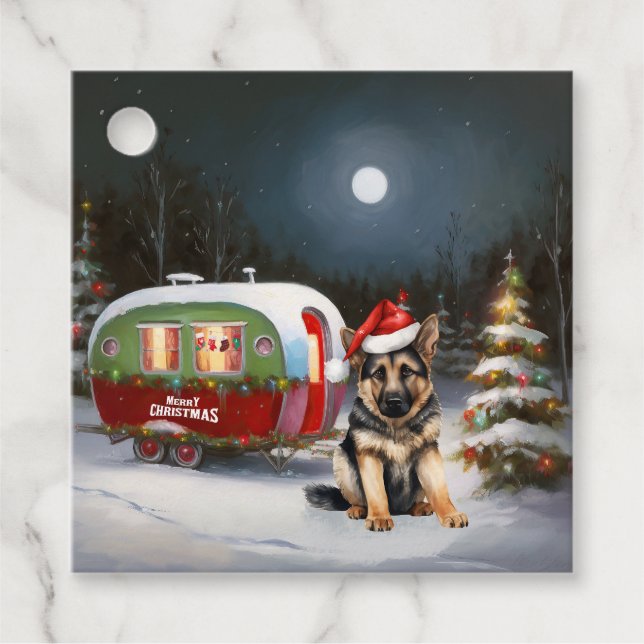 Winter German Shepherd Caravan jul Äventyr Gåvor Etiketter (Framsida)