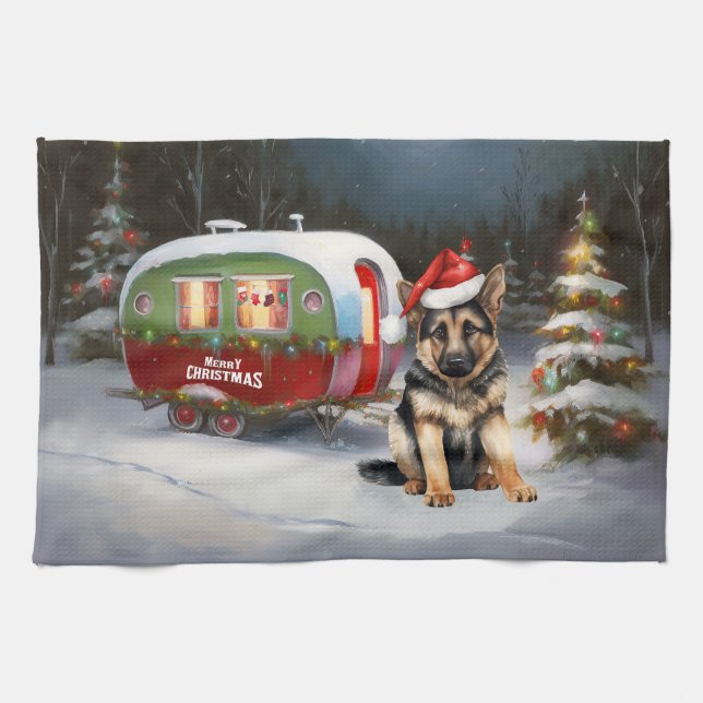 Winter German Shepherd Caravan jul Äventyr Kökshandduk (Horisontell)