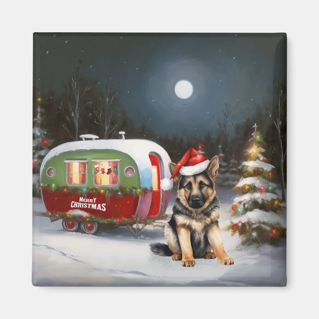 Winter German Shepherd Caravan jul Äventyr Magnet (Framsidan)