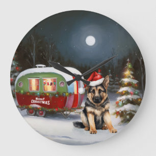 Winter German Shepherd Caravan jul Äventyr Stor Klocka