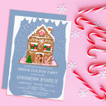 Winter Gingergold Candy House Corporate Helgdag Inbjudningar<br><div class="desc">Den här söta och festliga inbjudan till Helgdag är perfekt för julhelgen. Den har tecknad illustrationer av en pepparkaksgubbe framför sitt gingerbrödhus med polkagrisar, en sockerkaka för Julgran, isbildande dekorationer, lollipop, gummidroppar och mintgodis ovanpå en vit och blå snönys och isig bakgrund. Det är en bra, söt, originell och unik...</div>