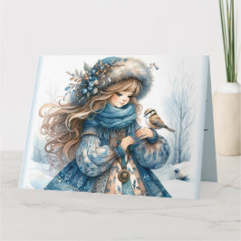 Winter Girl with Bird in Blue Blommigt Jackar Kort