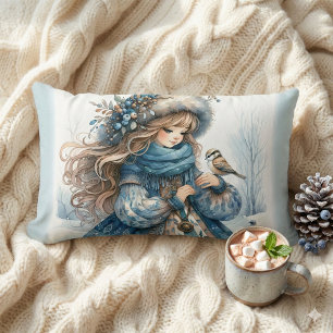Winter Girl with Bird in Blue Blommigt Jackar Lumbarkudde