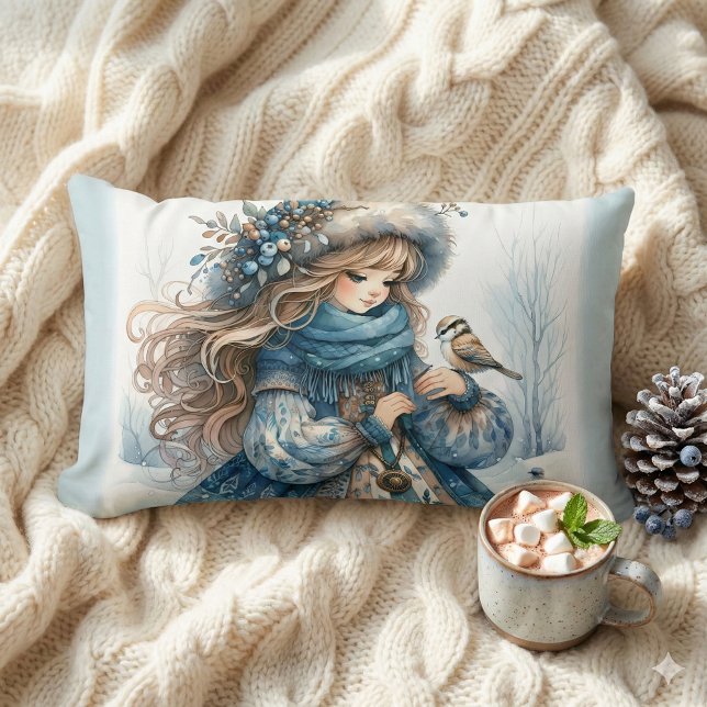 Winter Girl with Bird in Blue Blommigt Jackar Lumbarkudde (Winter Girl with Bird in Blue Floral Coat Lumbar Pillow Mockup A)