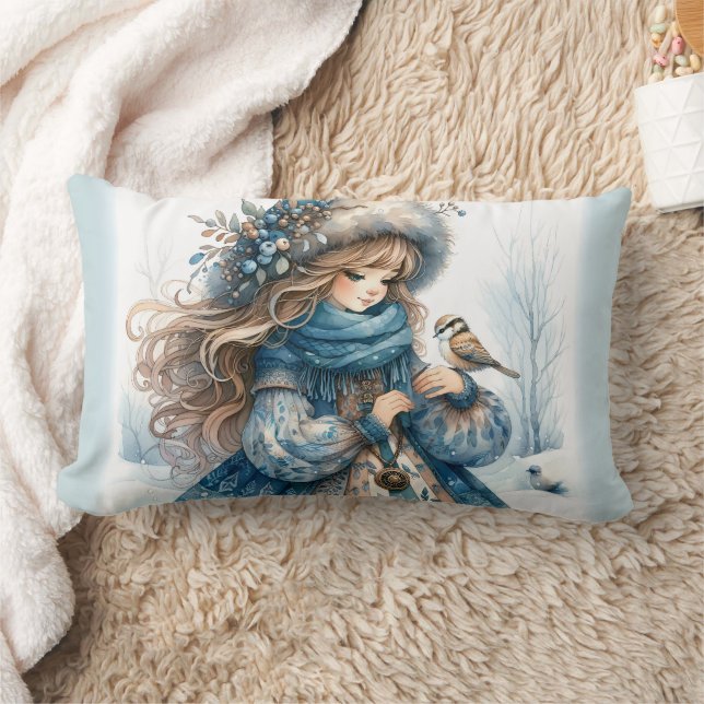 Winter Girl with Bird in Blue Blommigt Jackar Lumbarkudde (Filt)