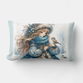 Winter Girl with Bird in Blue Blommigt Jackar Lumbarkudde