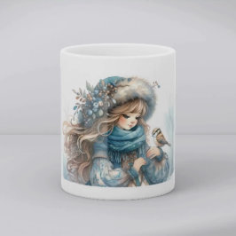 Winter Girl with Bird in Blue Floral Coat Kaffemugg