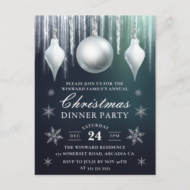 Winter Glass Baubles & Snöflingor Julmiddag Vykort (Framsida)