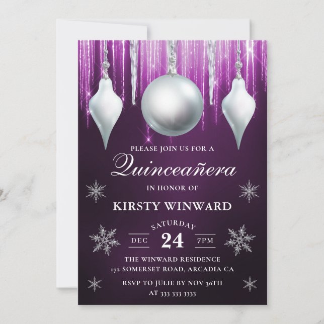 Winter Glass Baubles & Snöflingor Quinceanera Inbjudningar (Framsida)