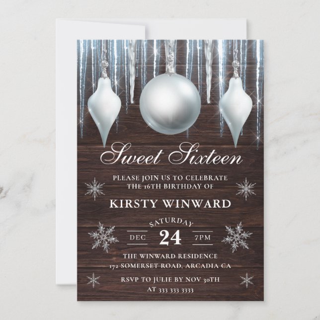 Winter Glass Baubles & Snöflingor Sweet sixteen Inbjudningar (Framsida)