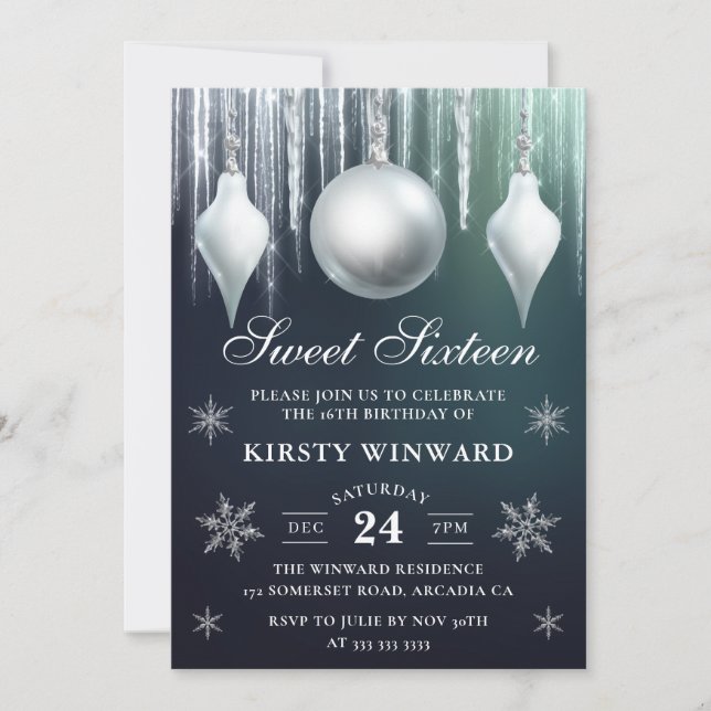 Winter Glass Baubles & Snöflingor Sweet sixteen Inbjudningar (Framsida)
