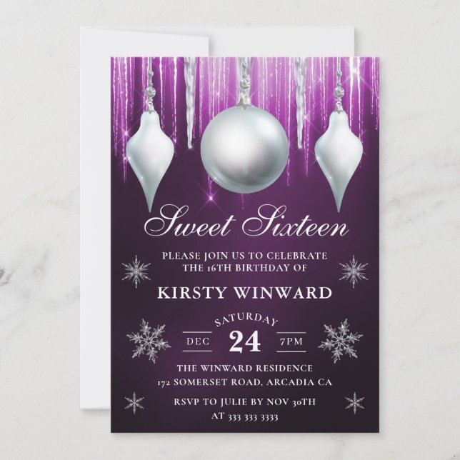 Winter Glass Baubles & Snöflingor Sweet sixteen Inbjudningar (Framsida)
