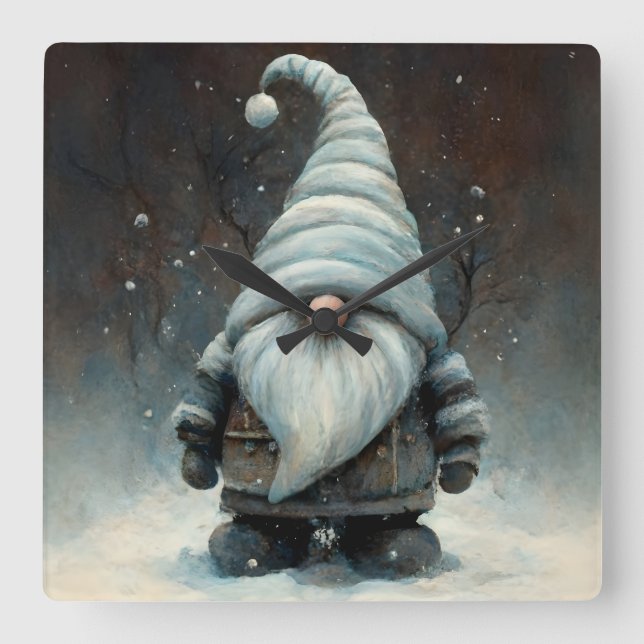 Winter Gnome i en snöskog Fyrkantig Klocka (Framsida)