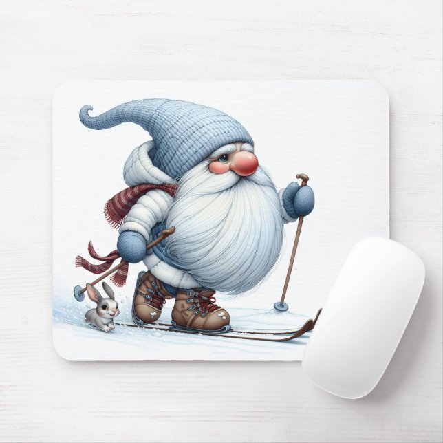 Winter Gnome Skiing med en Bunny Musmatta (Med mus)