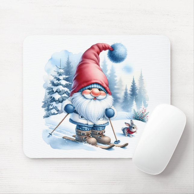 Winter Gnome Skiing med en Bunny Musmatta (Med mus)