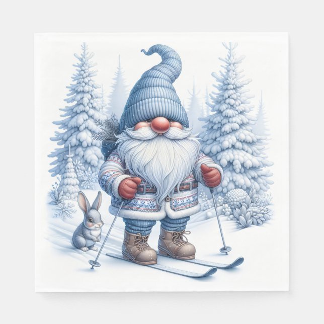 Winter Gnome Skiing med en Bunny Pappersservett (Framsidan)