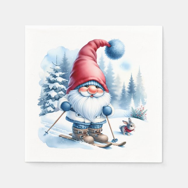 Winter Gnome Skiing med en Bunny Pappersservett (Framsidan)