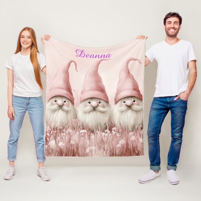 Winter Gnomes Pink Hats White Flowers Fleecefilt (På plats)