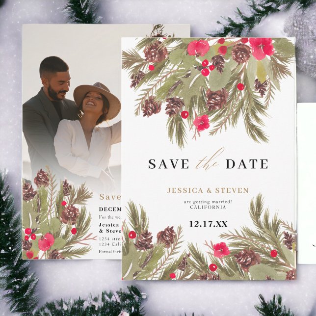 Winter gräs elegance blommigt bröllop spara datumet (Winter pine elegance floral wedding save the date)
