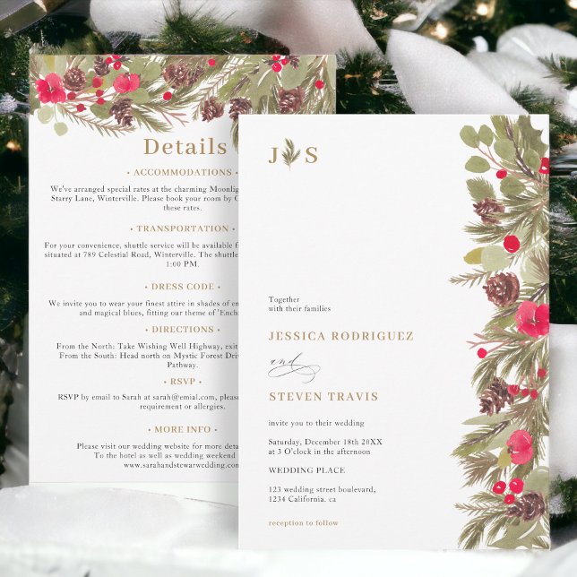 Winter gräs elegance från början i ett Bröllop Inbjudningar (Winter pine elegance initial all in one Wedding Invitation)