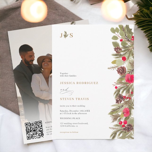 Winter gräs elegance inledande foto Qr-kod Bröllop Inbjudningar (Winter pine elegance initial photo Qr code Wedding Invitation)