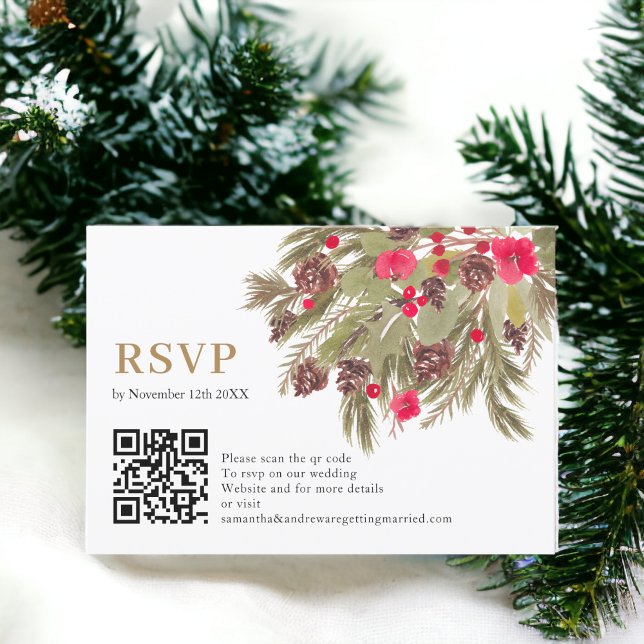 Winter gräs elegance red grönt bröllop OSA qr Kort (Winter pine elegance red green wedding Rsvp qr)