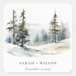 Winter Gräs Träd Snö landskapet Watercolor Bröllop Fyrkantigt Klistermärke