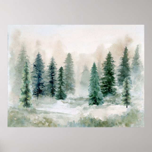 Winter Gräs Träd Watercolor liggande Poster (Framsidan)
