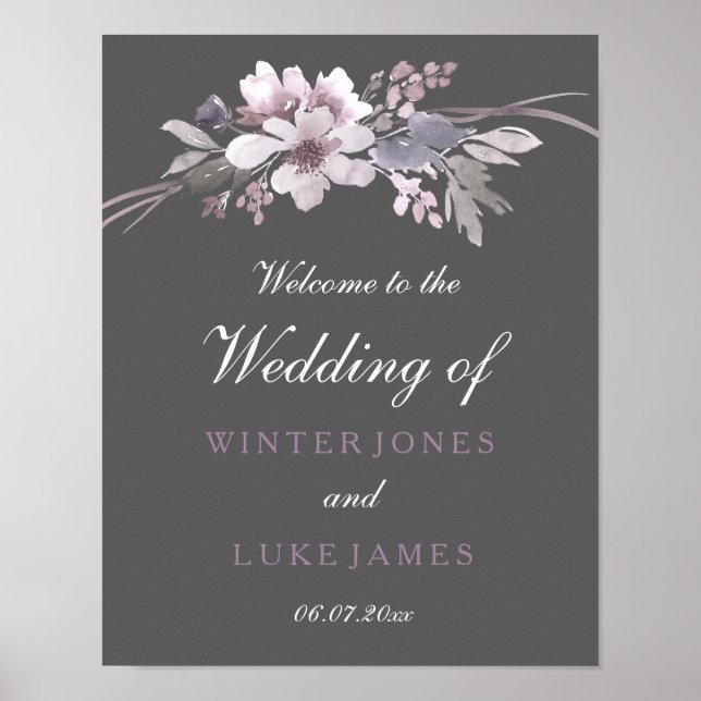 Winter Grått Blommigt Watercolor Bröllop Poster (Framsidan)