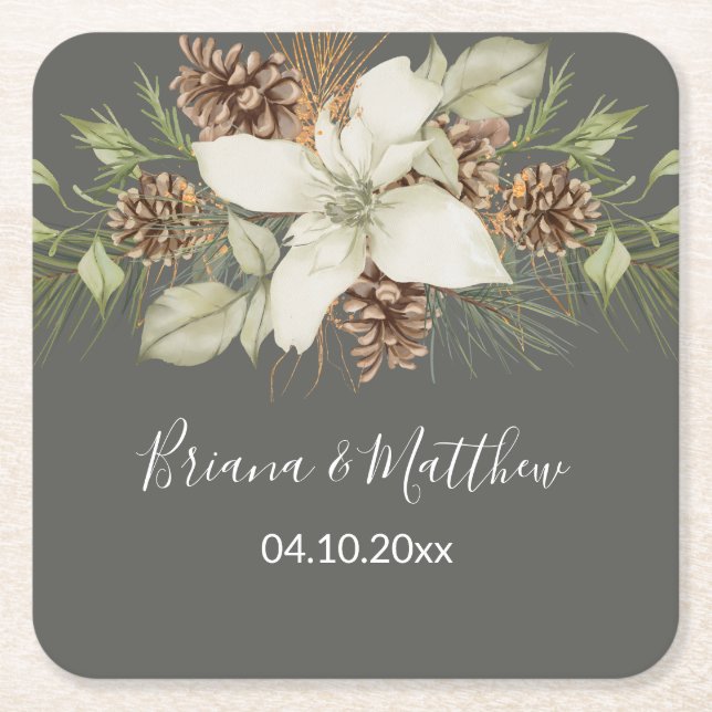 Winter Grått-Elegant-skript Bröllop Underlägg Papper Kvadrat (Framsidan)