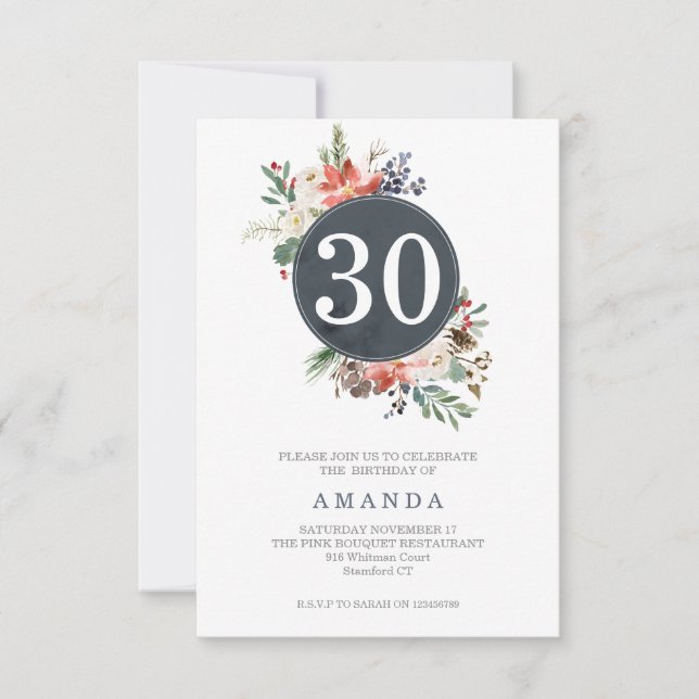 Winter-Grått-krandeutandning Bouquet Ålder Födelse Inbjudningar (Framsida)