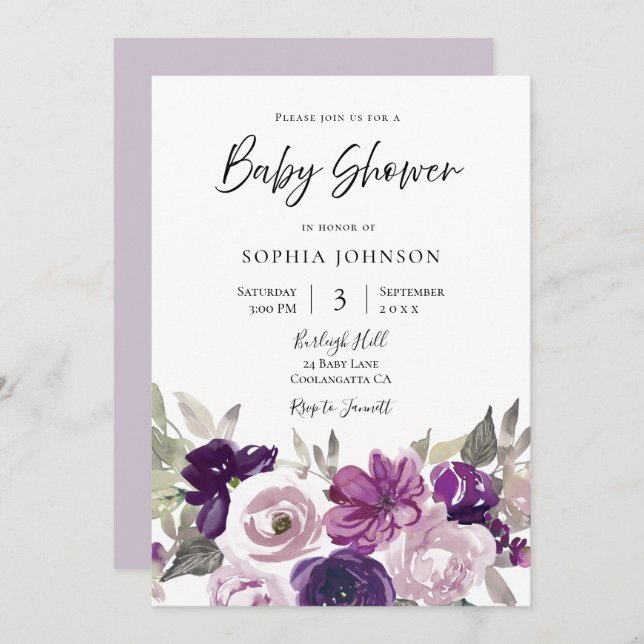 Winter Grått: Lila Lavender Blommigt Baby Shower Inbjudningar (Fram/baksida)