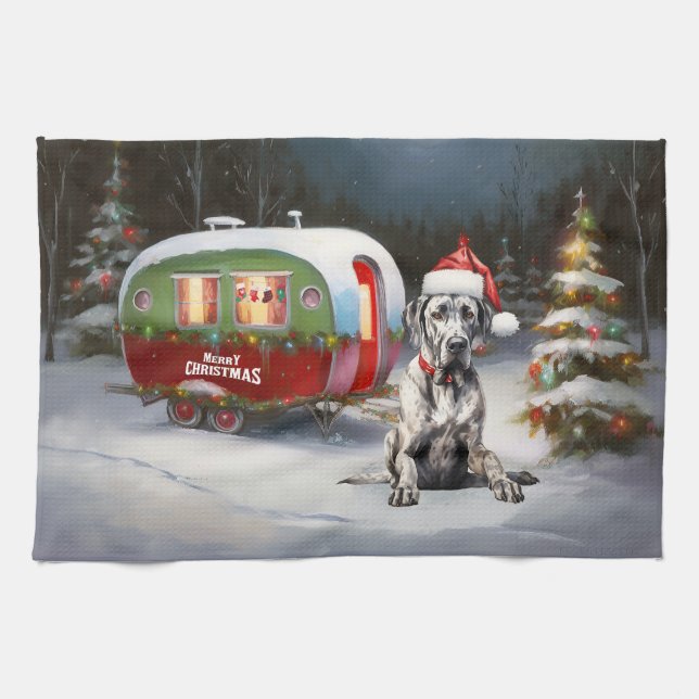 Winter Great dane Caravan jul Äventyr Kökshandduk (Horisontell)