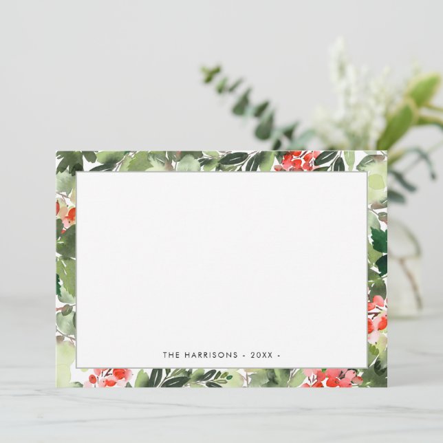 Winter Greenery and Red Berries Holiday Note Card Anteckningskort (Stående Fram)
