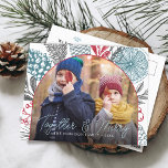 Winter Greenery Arch Ram Photo Helg Vykort<br><div class="desc">Modern helgdag-vykort med arch ram,  ditt favoritfoto,  vintergrey av pinecone gräs nål citrus och bladverk. Tillsammans & Merry in script calligraphy and family namn anpassningsbar message in Classic serif lettering.</div>