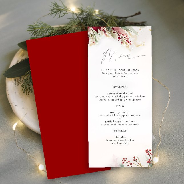 Winter Greenery Berries Red Grönt Botanical Modern Meny (winter christmas wedding bridal shower menu greenery botanical berries red green gold watercolor)