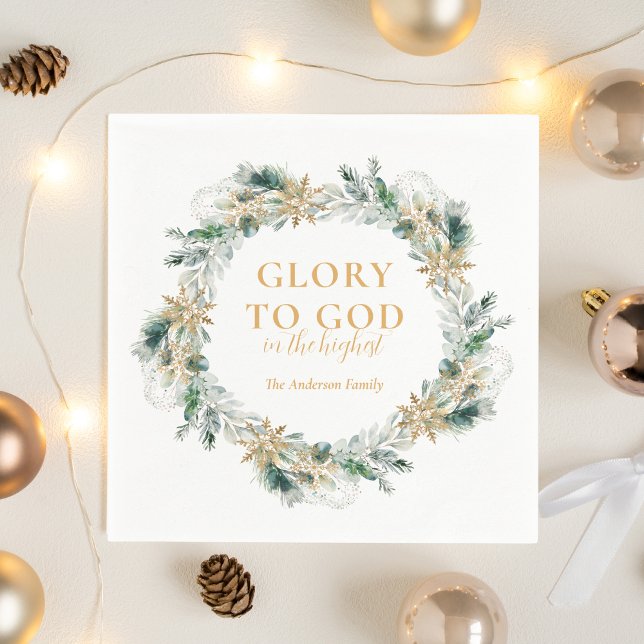 Winter Greenery Bible Verse Religiösa jul Pappersservett (Religious Christmas Glory to God Bible verse napkin with winter greenery)