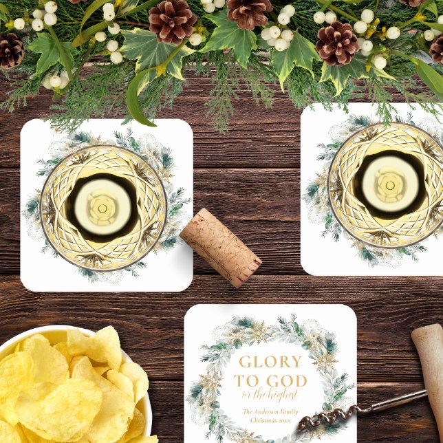 Winter Greenery Bible Verse Religiösa jul Underlägg Papper Kvadrat (Religious Christmas cocktail coasters with Bible verse and winter greenery)