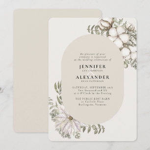 Winter Greenery Blommigt Oval Cream Ivory Bröllop Inbjudningar