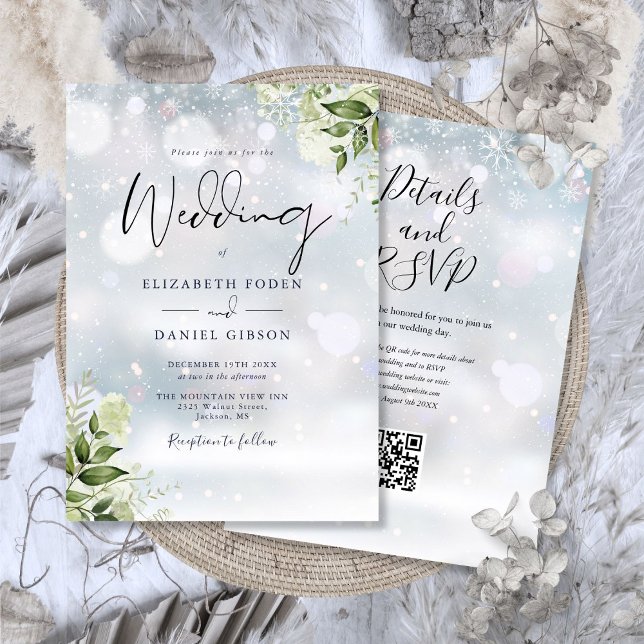 Winter Greenery Blommigt QR Code Bröllop Inbjudningar (Winter Greenery Floral QR Code Wedding Invitation)