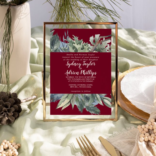 Winter Greenery Burgundy Formal Bröllop Inbjudningar (Skapare uppladdad)