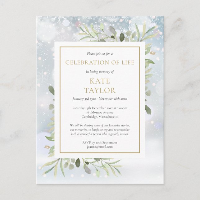 Winter Greenery Firande of Life Funeral Meddelande Vykort (Framsida)