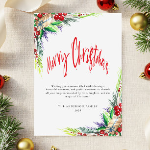 Winter Greenery Foliage Red Script God jul Julkort