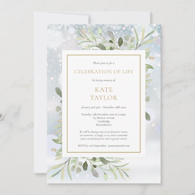 Winter Greenery Funeral Firande of Life Inbjudningar (Framsida)