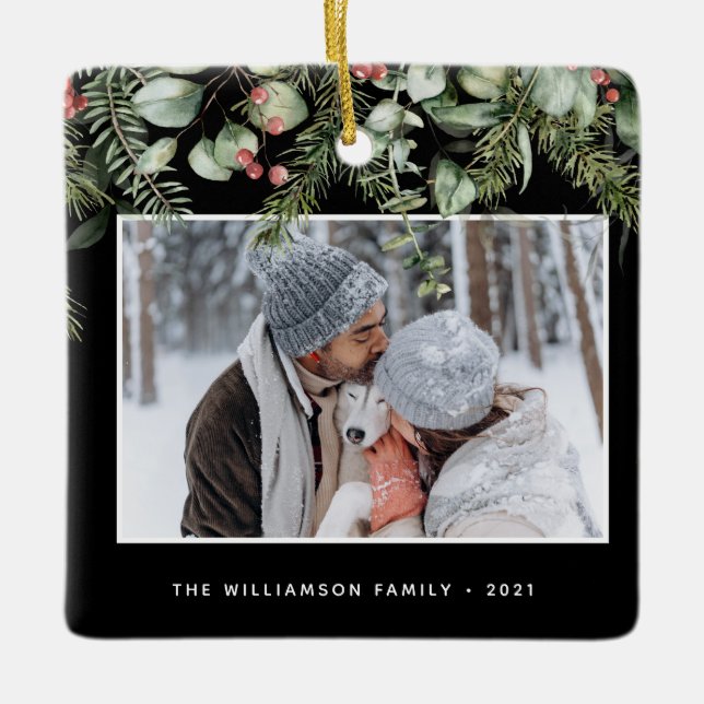 Winter Greenery | Gräs och Berries 2 Photo Helgdag Julgransprydnad Keramik (Framsida)