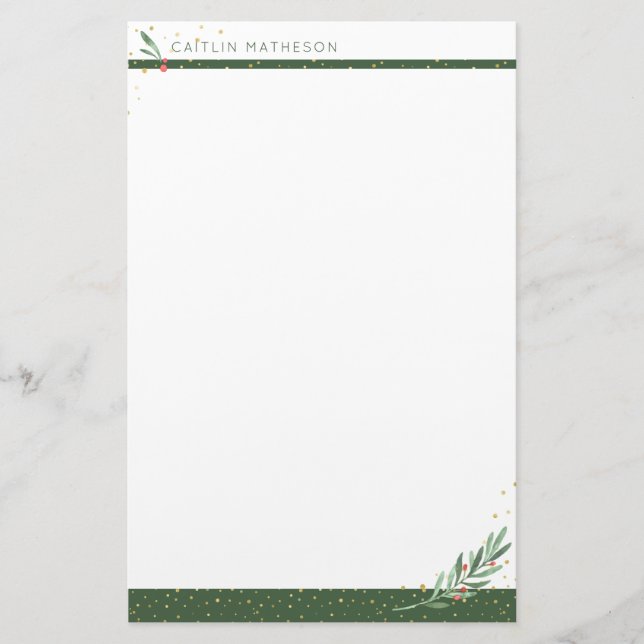 Winter Greenery + Guld Confetti jul Helgdag Brevpapper (Framsida)