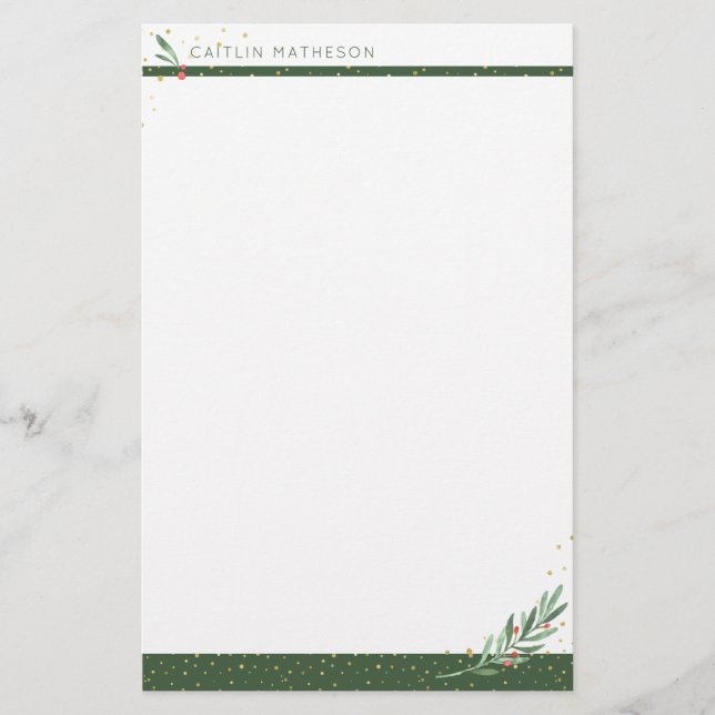 Winter Greenery + Guld Confetti jul Helgdag Brevpapper (Framsida)