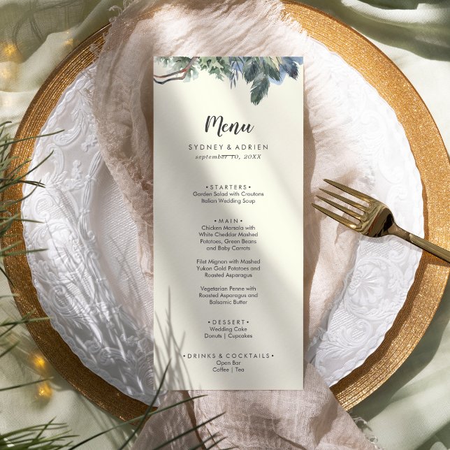 Winter Greenery | Ivory Bröllop Middag Menu Meny (Skapare uppladdad)